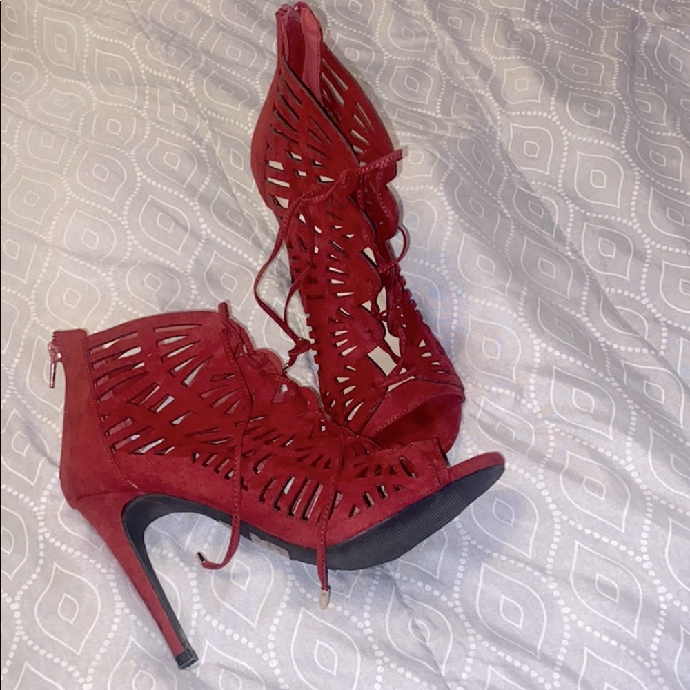 Red lace up stilettos